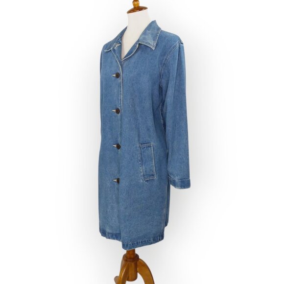 Denim & Co Long Blue Denim Jacket Chore Barn Duster Size Medium Button Front - Picture 9 of 14
